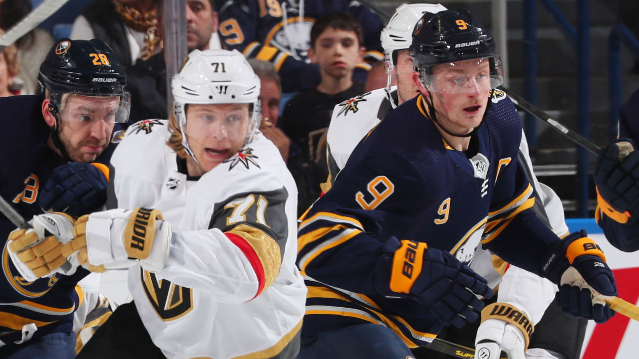 bBUFFALO, NY - JANUARY 14: William Karlsson #71 of the Vegas Golden Knights skates during an NHL game against Jack Eichel #9 of the Buffalo Sabres on January 14, 2020 at KeyBank Center in Buffalo, New York.