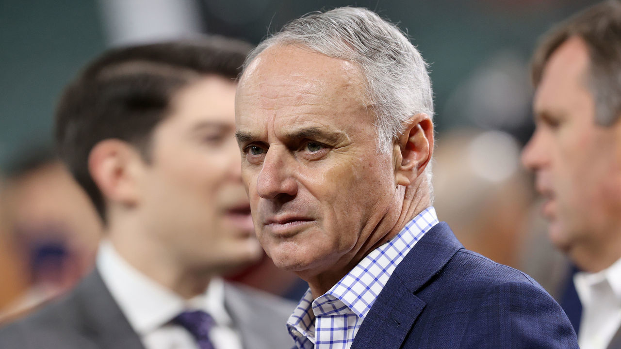 HOUSTON, TEXAS - OCTOBER 26: Major League Baseball Commissioner Rob Manfred looks on prior to Game One of the World Series between the Atlanta Braves and the Houston Astros at Minute Maid Park on October 26, 2021 in Houston, Texas.