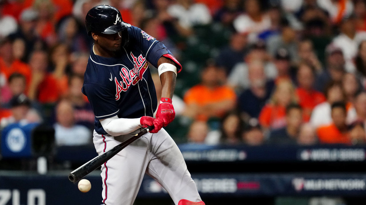 HOUSTON, TX - OCTOBER 26: Jorge Soler #12 of the Atlanta Braves singles in the eighth inning during Game 1 of the 2021 World Series between the Atlanta Braves and the Houston Astros at Minute Maid Park on Tuesday, October 26, 2021 in Houston, Texas.