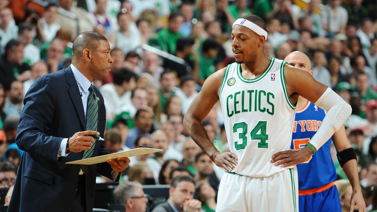 BOSTON, MA - APRIL 28: Head Coach Doc Rivers and Paul Pierce #34 of the Boston Celtics talk during a time out against the New York Knicks during Game Four of the Eastern Conference Quarterfinals on April 28, 2013 at the TD Garden in Boston, Massachusetts. Mandatory Copyright Notice: Copyright 2013 NBAE