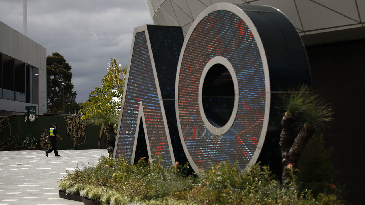 MELBOURNE, AUSTRALIA - FEBRUARY 13: General view outside of Australian Open branding during day six of the 2021 Australian Open at Melbourne Park on February 13, 2021 in Melbourne, Australia. Victoria is in stage 4 lockdown from as of midnight for five days following the confirmation of new COVID-19 cases of the UK virus strain in the community linked to the Holiday Inn quarantine hotel. Victorians are only able to leave their homes for essential shopping, caregiving, essential work or permitted education, or exercise for two hours per day with household members only. People must stay within a 5km radius of home. The stage 4 restrictions are due to end at 11:59pm on Wednesday 17 February.