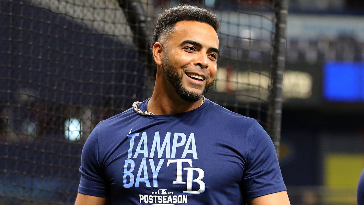 TAMPA, FL - OCTOBER 08: Nelson Cruz #23 of the Tampa Bay Rays looks on during batting practice before the start of Game 2 of the ALDS between the Boston Red Sox and the Tampa Bay Rays at Tropicana Field on Friday, October 8, 2021 in Tampa, Florida.