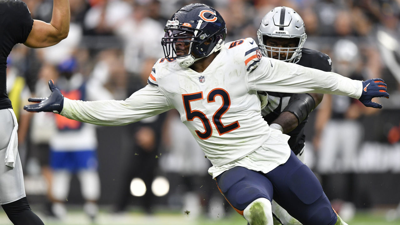 LAS VEGAS, NEVADA - OCTOBER 10: Khalil Mack #52 of the Chicago Bears rushes during the second half against the Chicago Bears at Allegiant Stadium on October 10, 2021 in Las Vegas, Nevada.