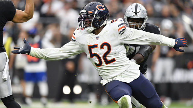LAS VEGAS, NEVADA - OCTOBER 10: Khalil Mack #52 of the Chicago Bears rushes during the second half against the Chicago Bears at Allegiant Stadium on October 10, 2021 in Las Vegas, Nevada.