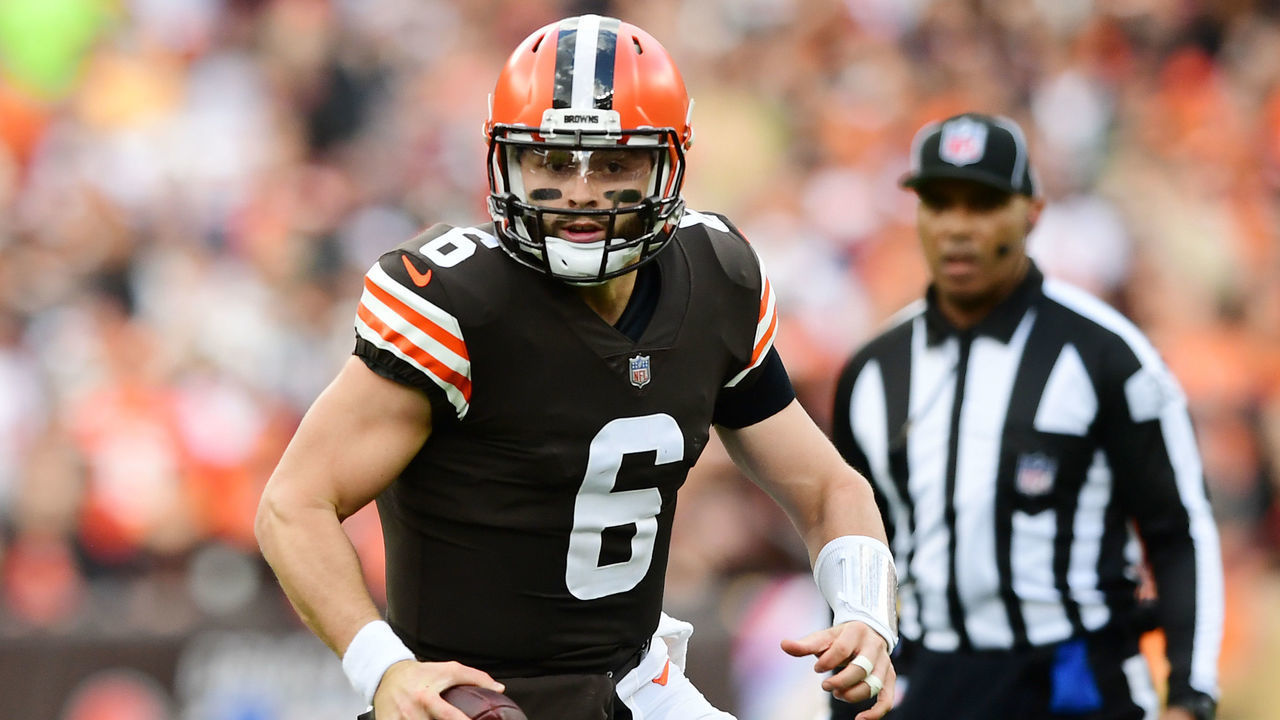 CLEVELAND, OHIO - OCTOBER 17: Baker Mayfield #6 of the Cleveland Browns carries the ball during a game against the Arizona Cardinals at FirstEnergy Stadium on October 17, 2021 in Cleveland, Ohio.