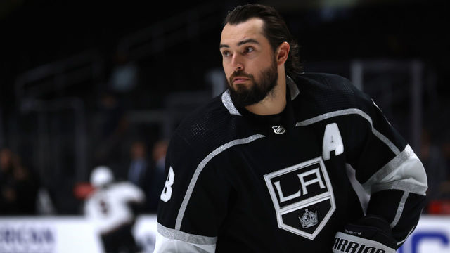LOS ANGELES, CALIFORNIA - OCTOBER 05: Drew Doughty #8 of the Los Angeles Kings during warm up before a preseason game against the Arizona Coyotes at Staples Center on October 05, 2021 in Los Angeles, California.