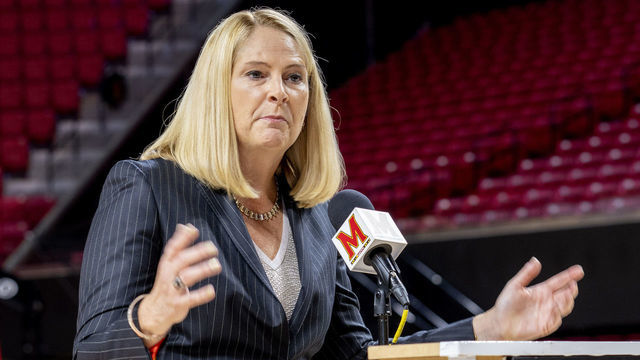 COLLEGE PARK, MD - OCTOBER 14: Maryland Terrapins head coach Brenda Frese addresses the media from the podium during the Maryland Terrapins womens basketball team media day, on October 14, 2021, at Xfinity Center in College Park, MD.