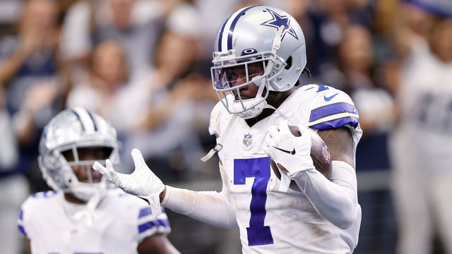 ARLINGTON, TEXAS - OCTOBER 03: Trevon Diggs #7 of the Dallas Cowboys after an interception during the third quarter against the Carolina Panthers at AT&T Stadium on October 03, 2021 in Arlington, Texas.