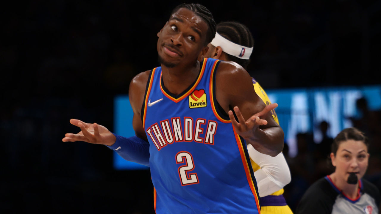 OKLAHOMA CITY, OK - OCTOBER 27: Shai Gilgeous-Alexander #2 of the Oklahoma City Thunder looks on during the game against the Los Angeles Lakers on October 27, 2021 at Paycom Centerin Oklahoma City, Oklahoma. Mandatory Copyright Notice: Copyright 2021 NBAE