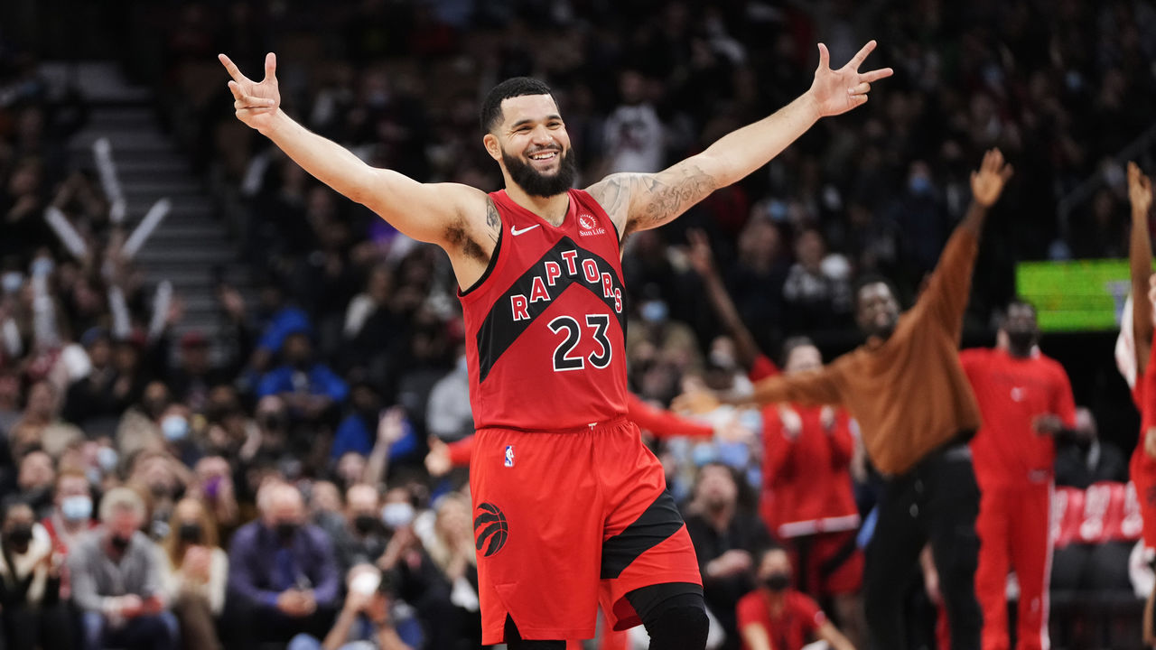 TORONTO, ON - OCTOBER 04: Fred VanVleet #23 of the Toronto Raptors celebrates against the Indiana Pacers during the second half of the basketball game at Scotiabank Arena on October 4, 2021 in Toronto, Canada. User expressly acknowledges and agrees that, by downloading and/or using this Photograph, user is consenting to the terms and conditions of the Getty Images License Agreement.