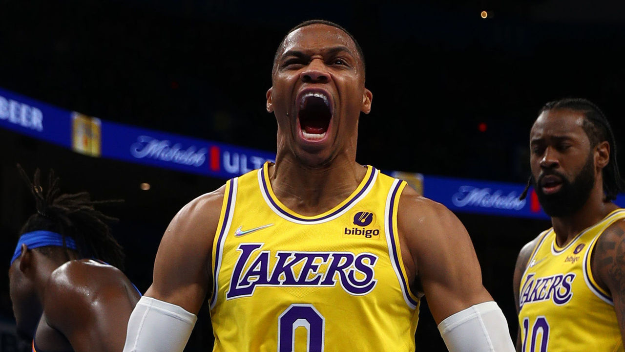 OKLAHOMA CITY, OK - OCTOBER 27: Russell Westbrook #0 of the Los Angeles Lakers celebrates during the game against the Oklahoma City Thunder on October 27, 2021 at Paycom Centerin Oklahoma City, Oklahoma. Mandatory Copyright Notice: Copyright 2021 NBAE