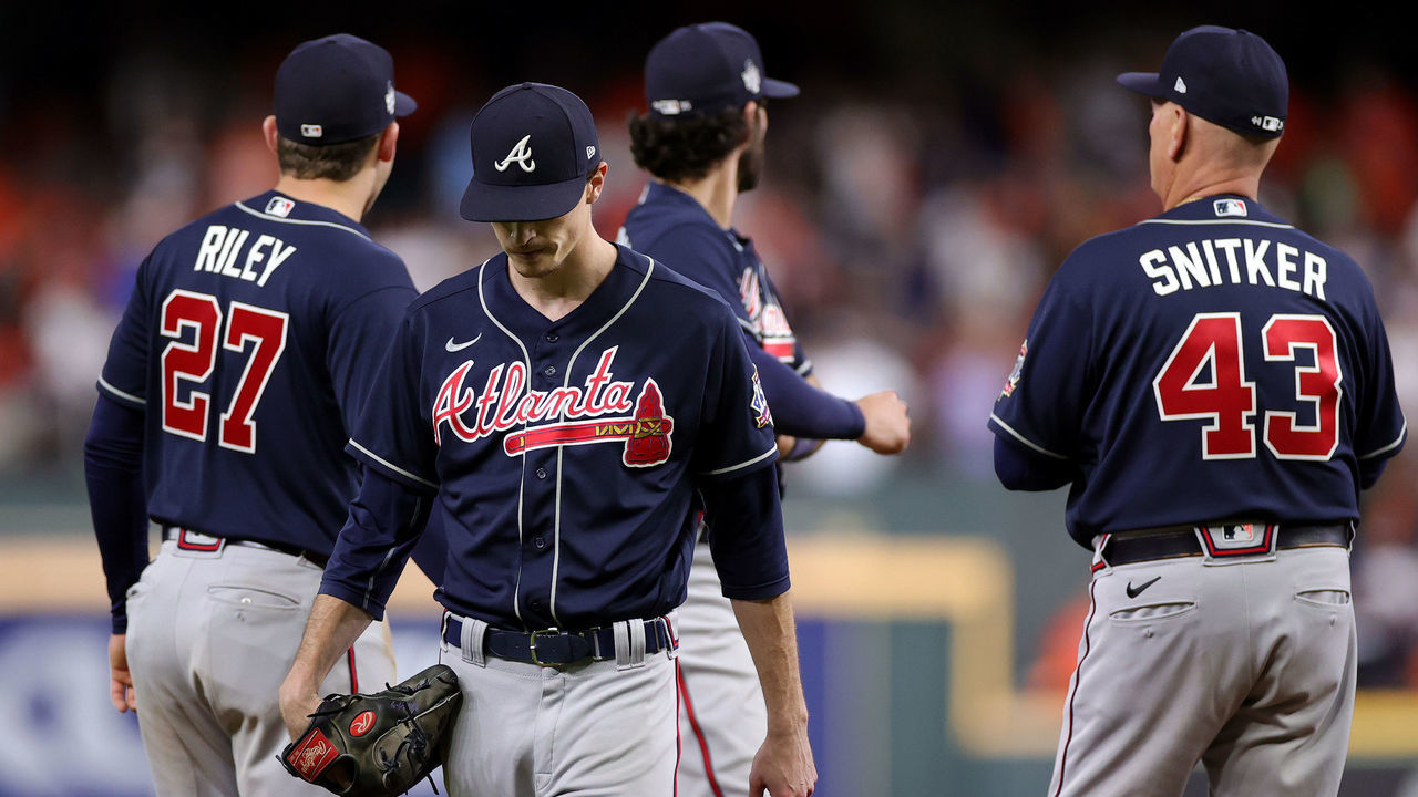 HOUSTON, TEXAS - OCTOBER 27: Max Fried #54 of the Atlanta Braves is taken out of the game by manager Brian Snitker #43 during the sixth inning against the Houston Astros in Game Two of the World Series at Minute Maid Park on October 27, 2021 in Houston, Texas.