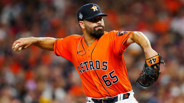 HOUSTON, TX - OCTOBER 27: Jose Urquidy #65 of the Houston Astros pitches in the first inning during Game 2 of the 2021 World Series between the Atlanta Braves and the Houston Astros at Minute Maid Park on Wednesday, October 27, 2021 in Houston, Texas.