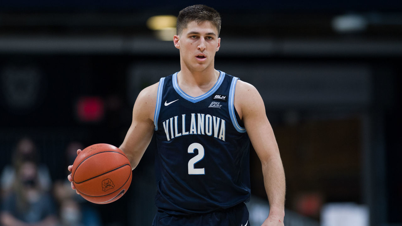 INDIANAPOLIS, IN - FEBRUARY 28: Villanova Wildcats guard Collin Gillespie (2) brings the ball up the court during the men's college basketball game between the Villanova Wildcats and Butler Bulldogs on February 28, 2021, at Hinkle Fieldhouse in Indianapolis, IN.