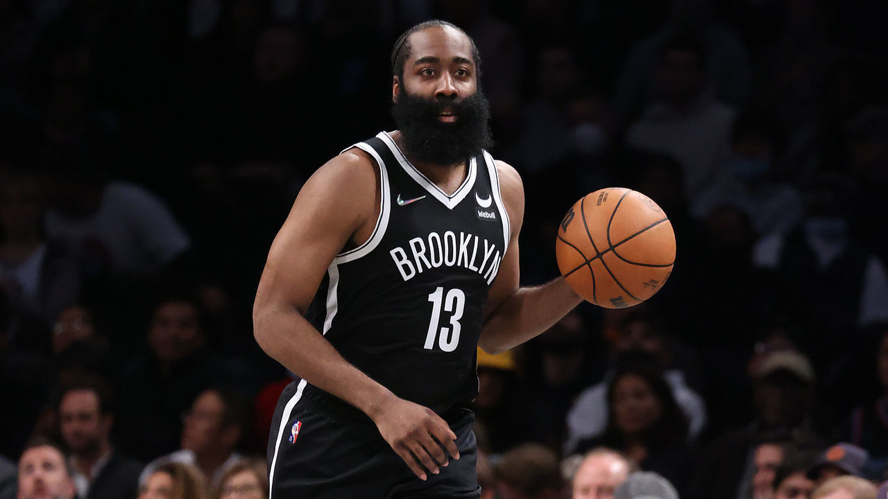 NEW YORK, NEW YORK - OCTOBER 27: James Harden #13 of the Brooklyn Nets dribbles against the Miami Heat during their game at Barclays Center on October 27, 2021 in New York City.