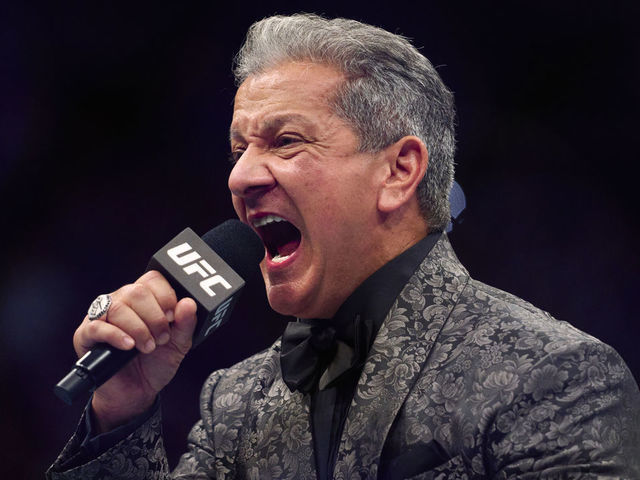 HOUSTON, TEXAS - AUGUST 07: UFC Octagon Announcer Bruce Buffer introduces the interim heavyweight title bout during the UFC 265 event at Toyota Center on August 07, 2021 in Houston, Texas.