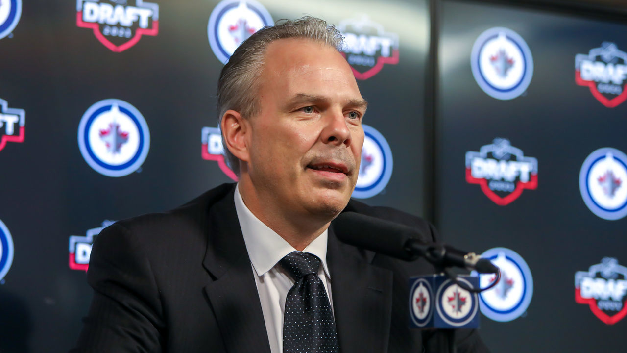 WINNIPEG, MANITOBA - JULY 23: Winnipeg Jets General Manager Kevin Cheveldayoff speaks to members of the media via a Zoom call at the end of the first round of the 2021 NHL Draft at Canada Life Centre on July 23, 2021 in Winnipeg, Manitoba, Canada. The 2021 NHL Draft was held virtually due to the ongoing Coronavirus pandemic.