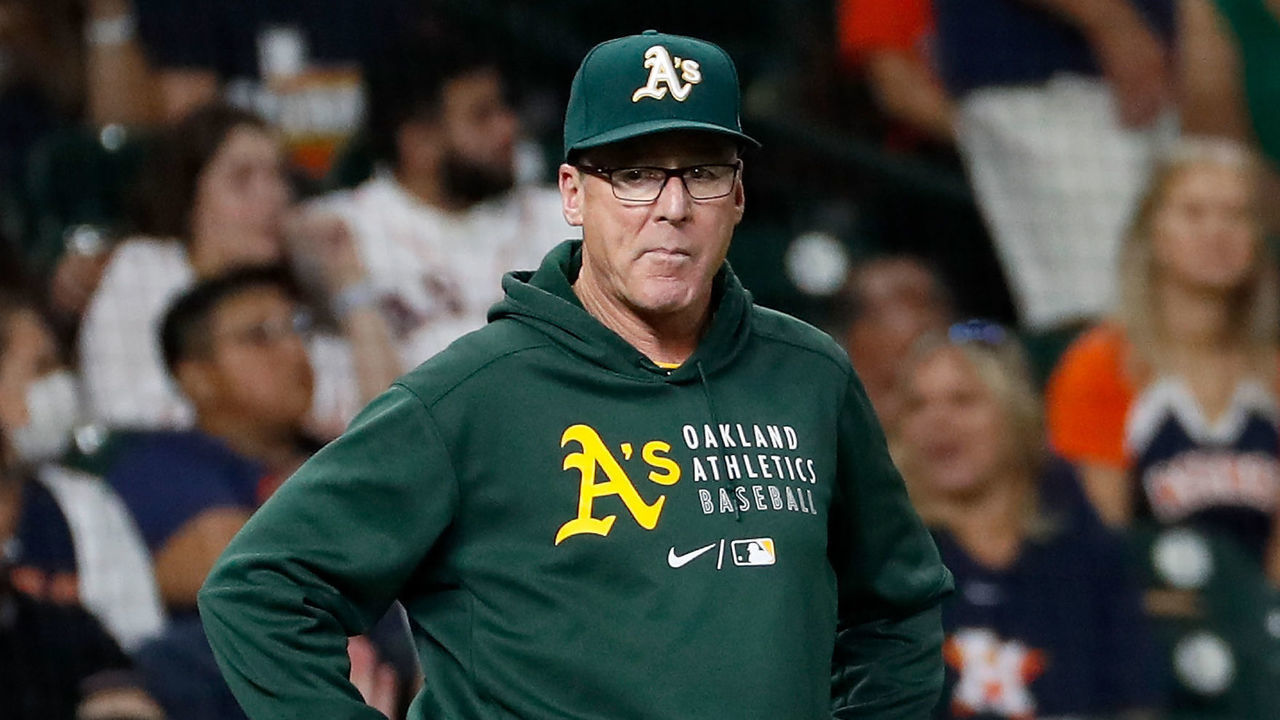 HOUSTON, TEXAS - OCTOBER 02: Manager Bob Melvin #6 of the Oakland Athletics stands on the field in the fourth inning against the Houston Astros at Minute Maid Park on October 02, 2021 in Houston, Texas.