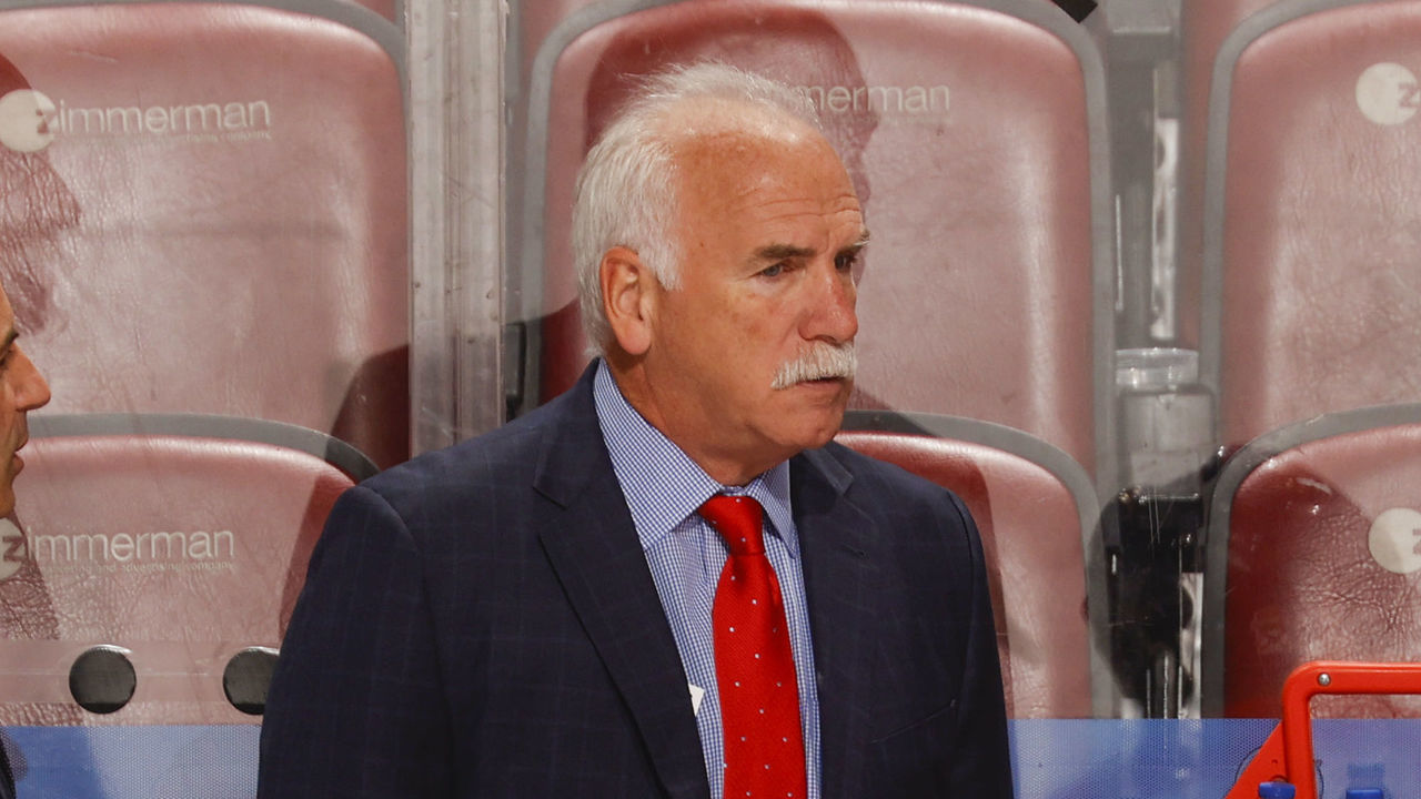 SUNRISE, FL - OCTOBER 1: Florida Panthers Head coach Joel Quenneville of the Florida Panthers looks on during third period action against the Dallas Stars during a preseason game at the FLA Live Arena on October 1, 2021 in Sunrise, Florida.
