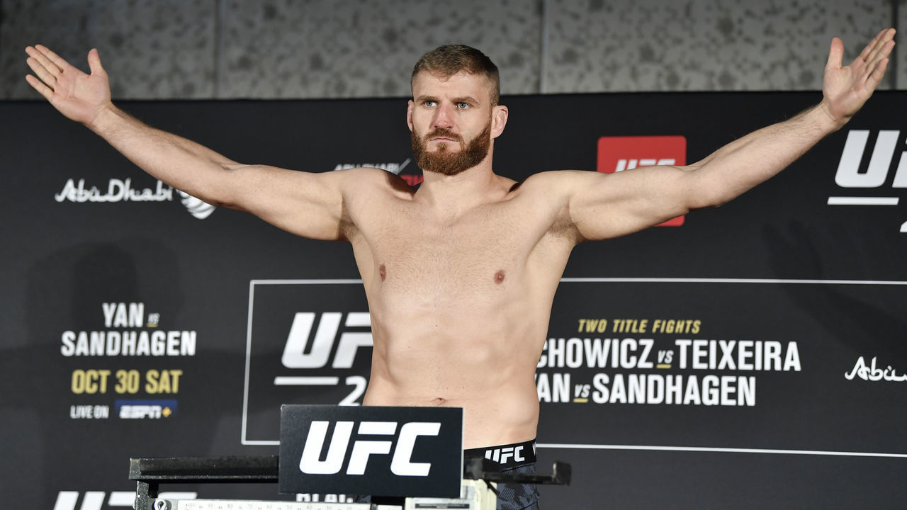 ABU DHABI, UNITED ARAB EMIRATES - OCTOBER 29: Jan Blachowicz of Poland poses on the scale during the UFC 267 official weigh-in at Hilton Abu Dhabi Yas Island on October 29, 2021 in Abu Dhabi, United Arab Emirates.