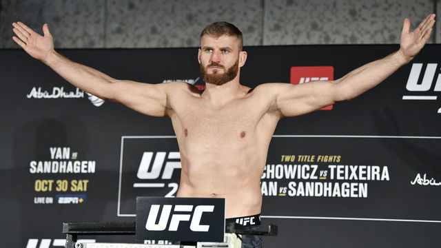 ABU DHABI, UNITED ARAB EMIRATES - OCTOBER 29: Jan Blachowicz of Poland poses on the scale during the UFC 267 official weigh-in at Hilton Abu Dhabi Yas Island on October 29, 2021 in Abu Dhabi, United Arab Emirates.