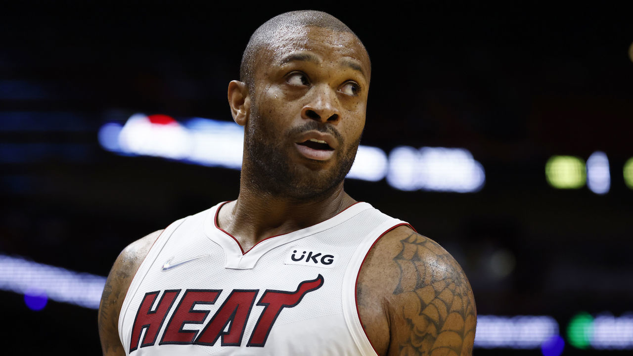 MIAMI, FLORIDA - OCTOBER 15: P.J. Tucker #17 of the Miami Heat looks on during the first quarter of a preseason game against the Boston Celtics at FTX Arena on October 15, 2021 in Miami, Florida.