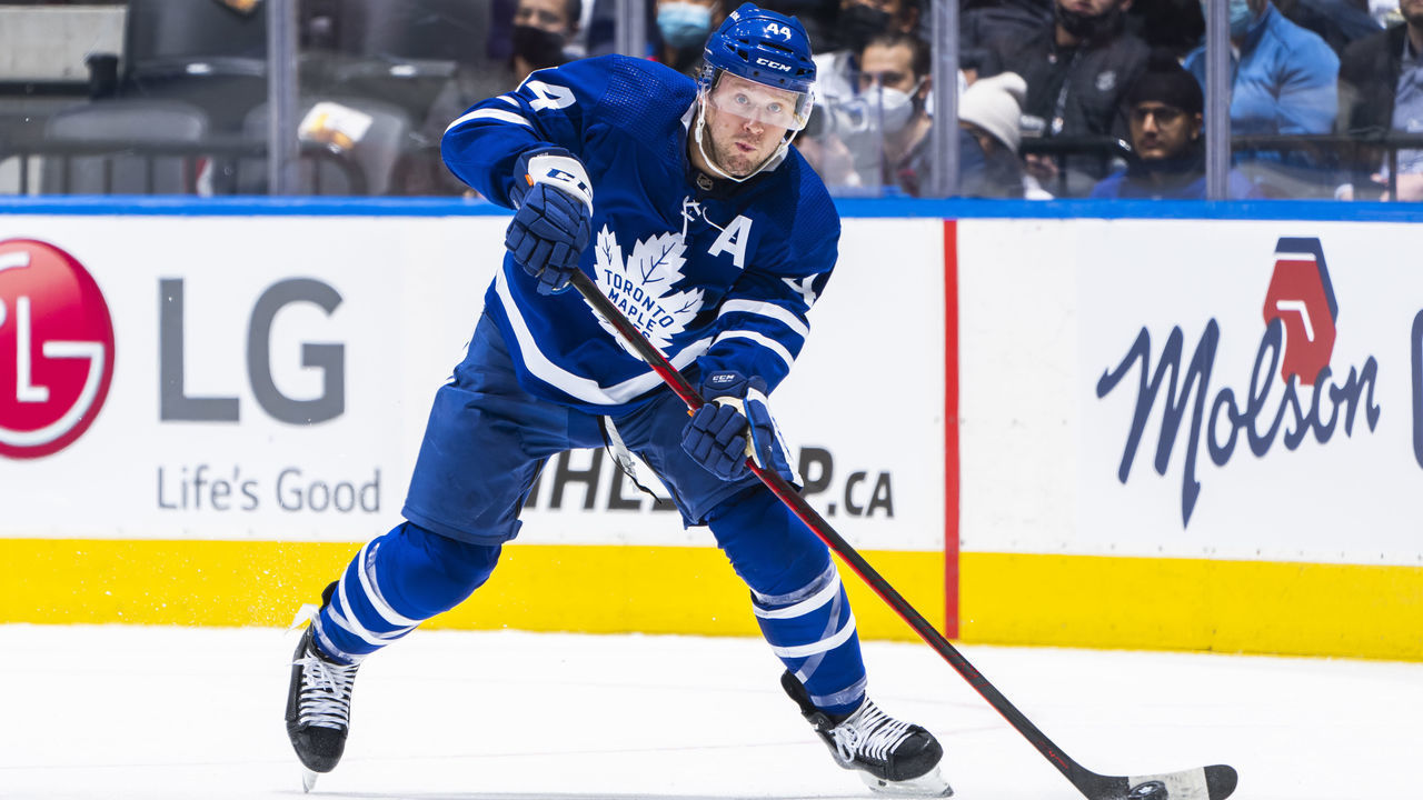 TORONTO, ON - OCTOBER 22: Morgan Rielly #44 of the Toronto Maple Leafs skates against the San Jose Sharks during the first period at the Scotiabank Arena on October 22, 2021 in Toronto, Ontario, Canada.