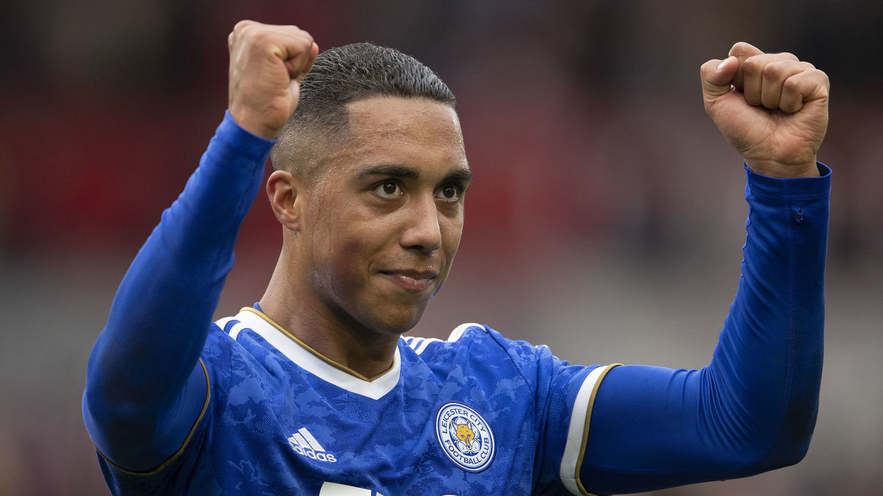 BRENTFORD, ENGLAND - OCTOBER 24: Youri Tielemans of Leicester City ackowledges the Leicester City fans after the Premier League match between Brentford and Leicester City at Brentford Community Stadium on October 24, 2021 in Brentford, England.