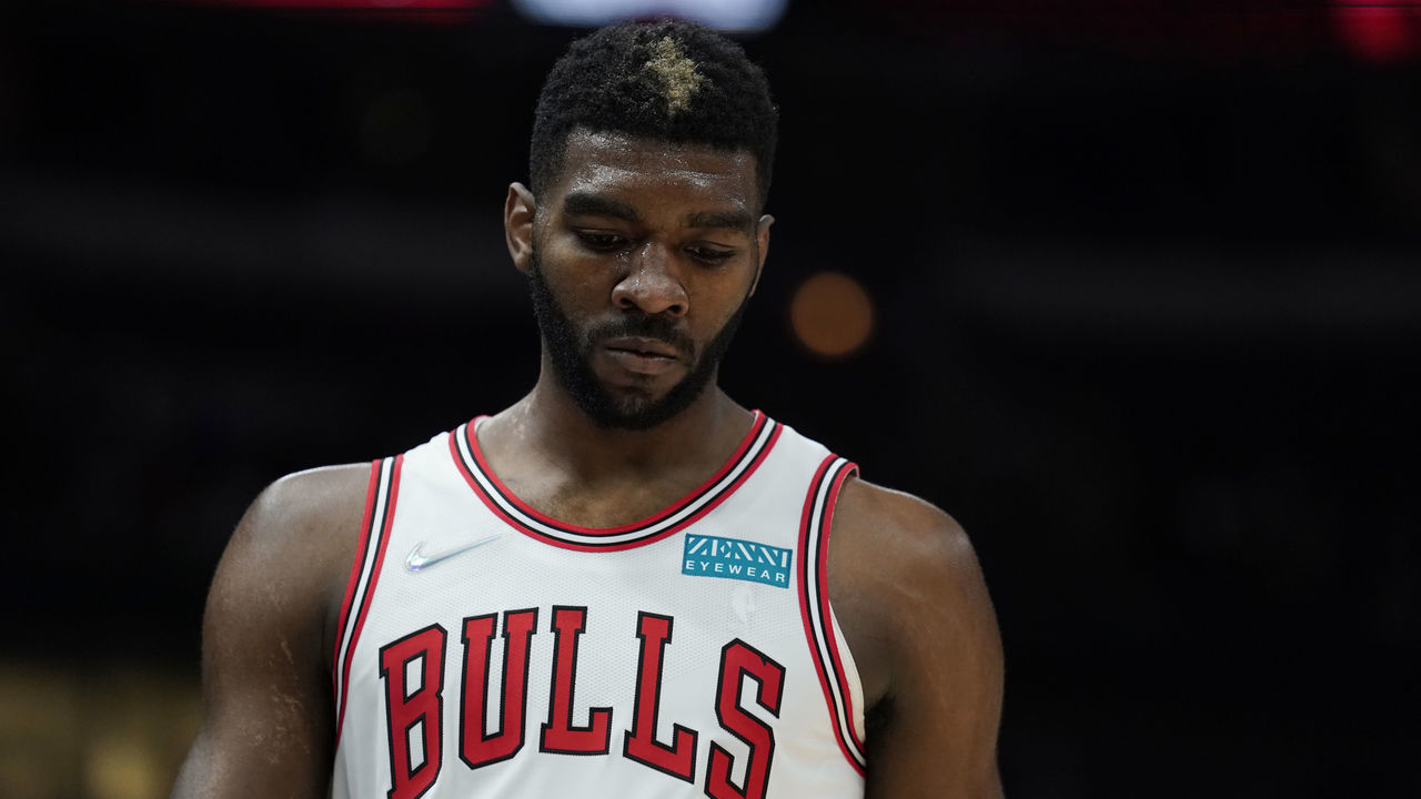 CHICAGO, ILLINOIS - OCTOBER 15: Patrick Williams #44 of the Chicago Bulls looks on against the Memphis Grizzlies in the first half during a preseason game at United Center on October 15, 2021 in Chicago, Illinois.
