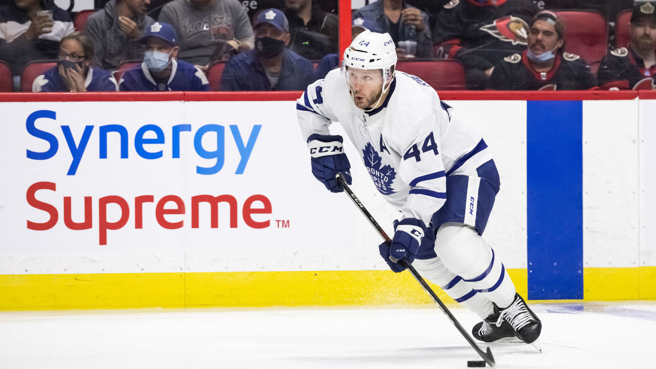 OTTAWA, ON - OCTOBER 14: Toronto Maple Leafs Defenceman Morgan Rielly (44) controls the puck during the second period of the NHL game between the Ottawa Senators and the Toronto Maple Leafs on October 14, 2021 at the Canadian Tire Centre in Ottawa, Ontario, Canada.