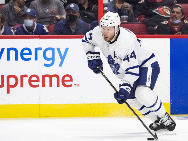OTTAWA, ON - OCTOBER 14: Toronto Maple Leafs Defenceman Morgan Rielly (44) controls the puck during the second period of the NHL game between the Ottawa Senators and the Toronto Maple Leafs on October 14, 2021 at the Canadian Tire Centre in Ottawa, Ontario, Canada.