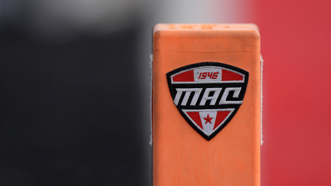 MUNCIE, IN - SEPTEMBER 02: A MAC logo is seen on the side of a scoring pylon during the college football game between the Western Illinois Leathernecks and the Ball State Cardinals on September 2, 2021, at Scheumann Stadium in Muncie, Indiana.