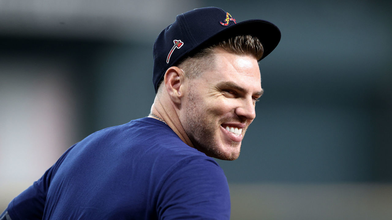 HOUSTON, TEXAS - OCTOBER 26: Freddie Freeman #5 of the Atlanta Braves looks on prior to Game One of the World Series against the Houston Astros at Minute Maid Park on October 26, 2021 in Houston, Texas.