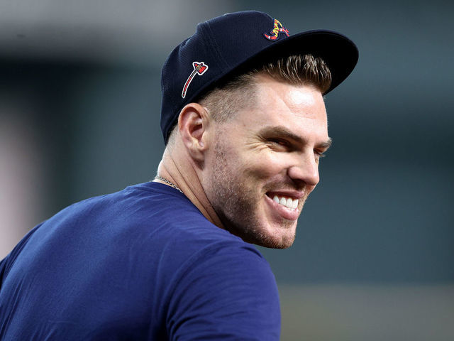 HOUSTON, TEXAS - OCTOBER 26: Freddie Freeman #5 of the Atlanta Braves looks on prior to Game One of the World Series against the Houston Astros at Minute Maid Park on October 26, 2021 in Houston, Texas.