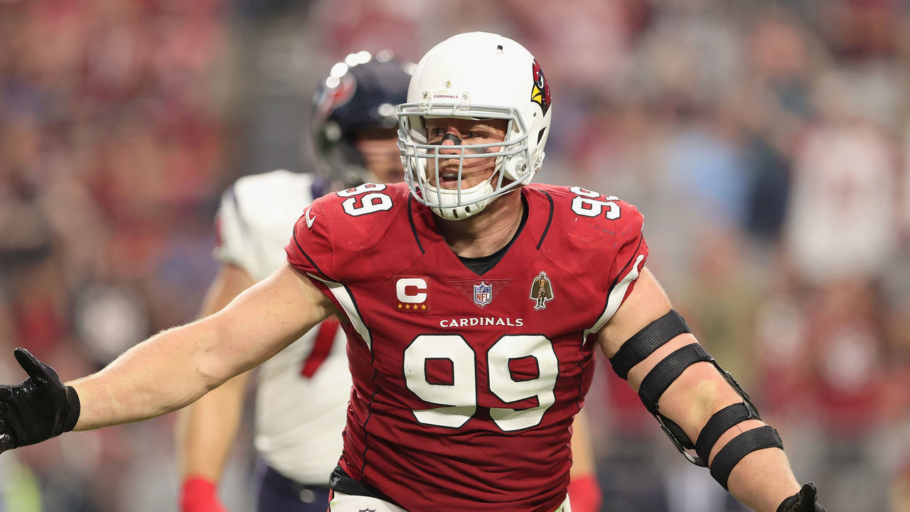 GLENDALE, ARIZONA - OCTOBER 24: Defensive end J.J. Watt #99 of the Arizona Cardinals reacts after a sack during the NFL game at State Farm Stadium on October 24, 2021 in Glendale, Arizona. The Cardinals defeated the Texans 31-5.