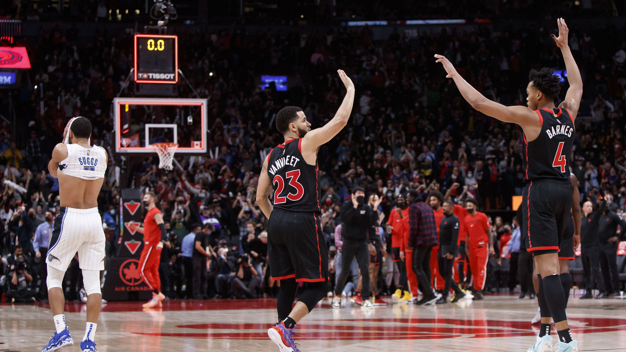 TORONTO, ON - OCTOBER 29: Fred VanVleet #23 and Scottie Barnes #4 of the Toronto Raptors celebrate their win over the Orlando Magic at full time of their NBA game at Scotiabank Arena on October 29, 2021 in Toronto, Canada.