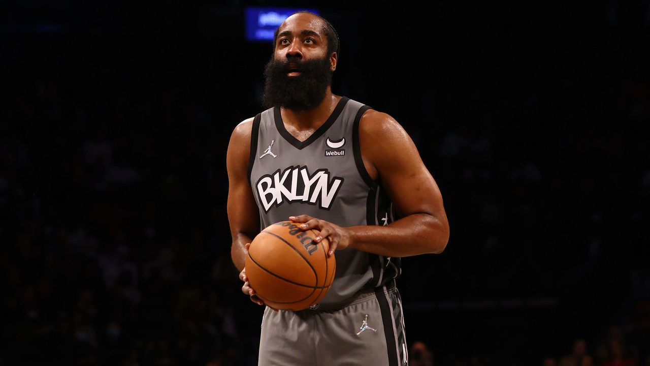 NEW YORK, NEW YORK - OCTOBER 29: James Harden #13 of the Brooklyn Nets inaction against the Indiana Pacers at Barclays Center on October 29, 2021 in New York City. Brooklyn Nets defeated the Indiana Pacers 105-98.