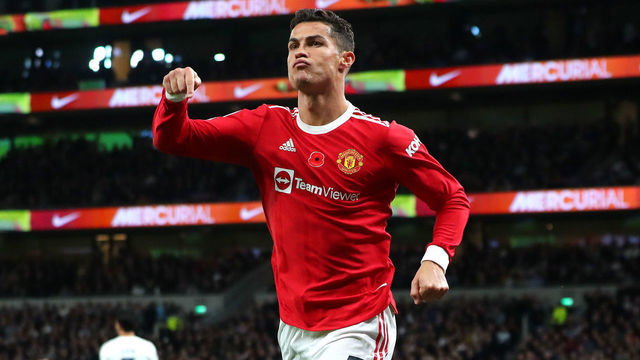 LONDON, ENGLAND - OCTOBER 30: Christiano Ronaldo of Manchester United celebrates scoring his teams first goal during the Premier League match between Tottenham Hotspur and Manchester United at Tottenham Hotspur Stadium on October 30, 2021 in London, England.
