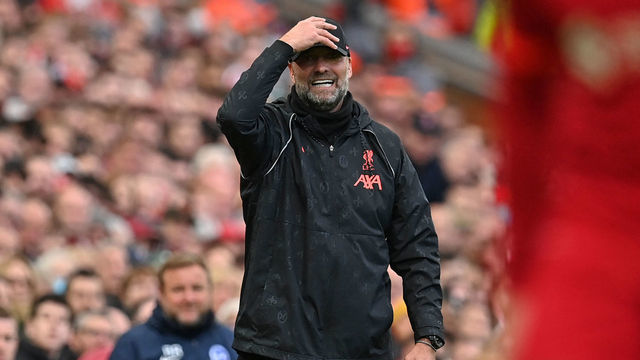 Liverpool's German manager Jurgen Klopp gestures on the touchline during the English Premier League football match between Liverpool and Brighton and Hove Albion at Anfield in Liverpool, north west England on October 30, 2021. - - RESTRICTED TO EDITORIAL USE. No use with unauthorized audio, video, data, fixture lists, club/league logos or 'live' services. Online in-match use limited to 120 images. An additional 40 images may be used in extra time. No video emulation. Social media in-match use limited to 120 images. An additional 40 images may be used in extra time. No use in betting publications, games or single club/league/player publications.