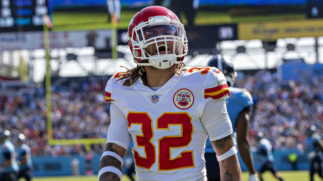 NASHVILLE, TENNESSEE - OCTOBER 24: Tyrann Mathieu #32 of the Kansas City Chiefs trash talks to the fans during a game against the Tennessee Titans at Nissan Stadium on October 24, 2021 in Nashville, Tennessee. The Titans defeated the Chiefs 27-3.