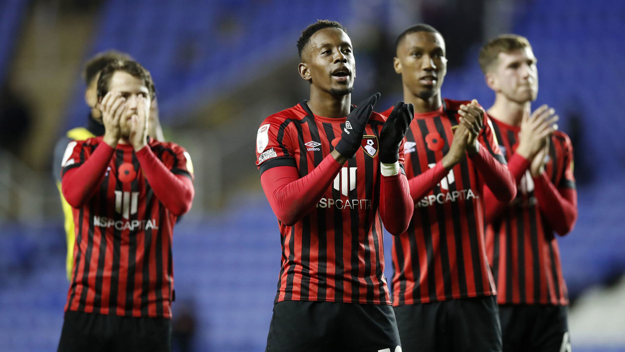 READING, ENGLAND - OCTOBER 30: Ben Pearson, Jamal Lowe and Jaidon Anthony of AFC Bournemouth applaud the fans after the Sky Bet Championship match between Reading and AFC Bournemouth at Madejski Stadium on October 30, 2021 in Reading, England.