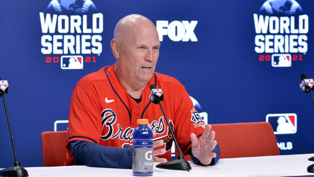 ATLANTA, GA - OCTOBER 29: Manager Brian Snitker #43 of the Atlanta Braves talks to the media after the Braves defeated the Houston Astros in Game 3 of the 2021 World Series between the Houston Astros and the Atlanta Braves at Truist Park on Friday, October 29, 2021 in Atlanta, Georgia.