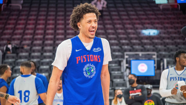 DETROIT, MI - OCTOBER 9: Cade Cunningham #2 of the Detroit Pistons looks on and smiles during open practice at the Little Caesars Arena on October 9, 2021 in Detroit, Michigan. Mandatory Copyright Notice: Copyright 2021 NBAE