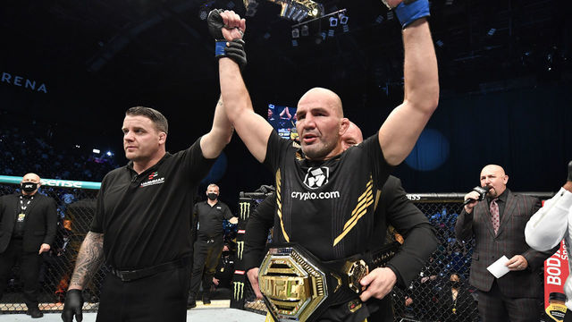 ABU DHABI, UNITED ARAB EMIRATES - OCTOBER 30: Glover Teixeira of Brazil celebrates after his victory over Jan Blachowicz of Poland in the UFC light heavyweight championship fight during the UFC 267 event at Etihad Arena on October 30, 2021 in Yas Island, Abu Dhabi, United Arab Emirates.