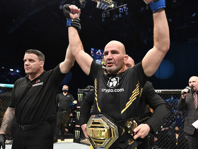 ABU DHABI, UNITED ARAB EMIRATES - OCTOBER 30: Glover Teixeira of Brazil celebrates after his victory over Jan Blachowicz of Poland in the UFC light heavyweight championship fight during the UFC 267 event at Etihad Arena on October 30, 2021 in Yas Island, Abu Dhabi, United Arab Emirates.
