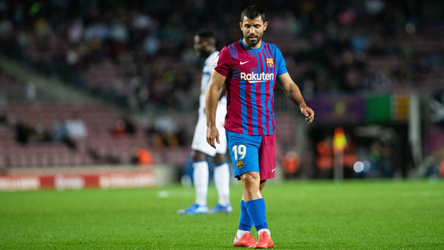 BARCELONA, SPAIN - OCTOBER 30: 19 Sergio Aguero of FC Barcelona looks on during the spanish league, La Liga Santander, football match played between FC Barcelona and Deportivo Alaves at Camp Nou stadium on October 30, 2021, in Barcelona, Spain.