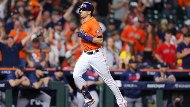 HOUSTON, TX - OCTOBER 16: Jason Castro #18 of the Houston Astros rounds the bases after hitting a solo home run in the ninth inning during Game 2 of the ALCS between the Boston Red Sox and the Houston Astros at Minute Maid Park on Saturday, October 16, 2021 in Houston, Texas.