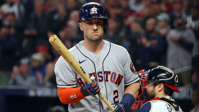 ATLANTA, GEORGIA - OCTOBER 30: Alex Bregman #2 of the Houston Astros reacts after striking out against the Atlanta Braves during the first inning in Game Four of the World Series at Truist Park on October 30, 2021 in Atlanta, Georgia.