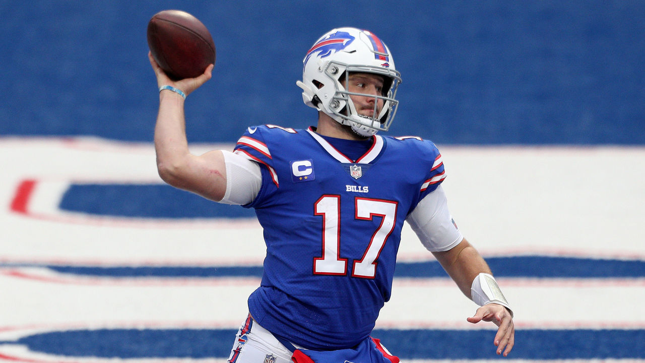 ORCHARD PARK, NEW YORK - NOVEMBER 01: Josh Allen #17 of the Buffalo Bills celebrates a fourth quarter touchdown during a game against the New England Patriots at Bills Stadium on November 01, 2020 in Orchard Park, New York.
