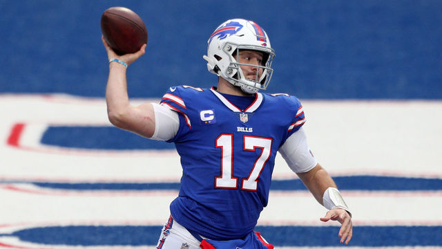 ORCHARD PARK, NEW YORK - NOVEMBER 01: Josh Allen #17 of the Buffalo Bills celebrates a fourth quarter touchdown during a game against the New England Patriots at Bills Stadium on November 01, 2020 in Orchard Park, New York.